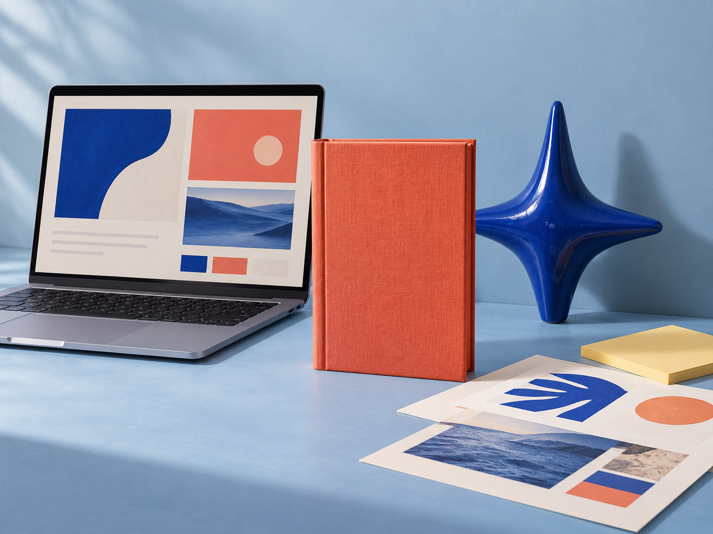 Original creative studio illustration with a website design, coral book, printed artwork and blue ceramic star